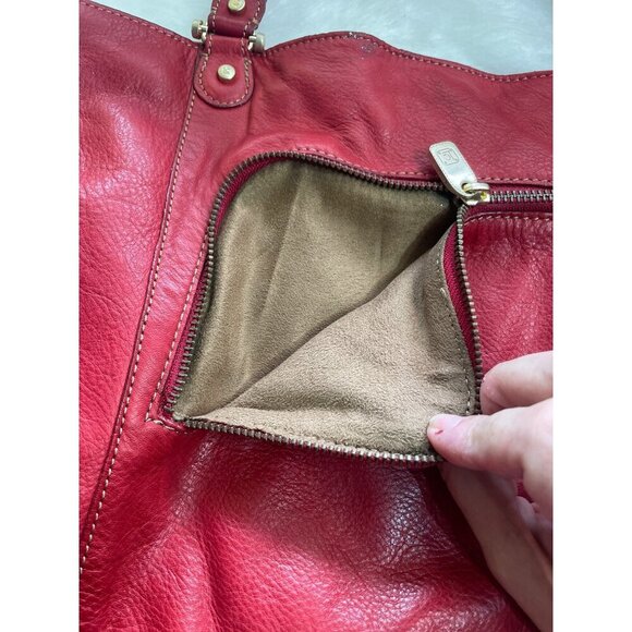 Large Red Leather Tote Bag With Double Handles Front Zipper Pocket - Picture 5 of 14